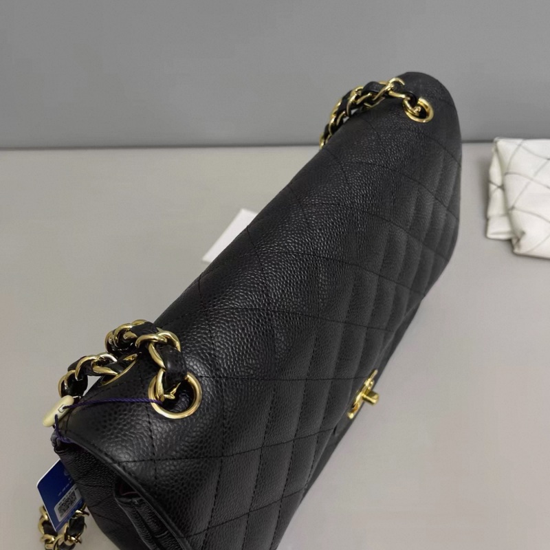 Chanel香奈兒 CF jumbo黑金牛皮荔枝紋雙蓋包-5