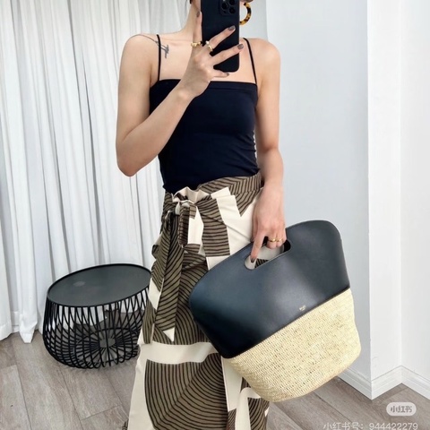 CELINE 黑金草編拼皮手提肩背斜背菜籃子包25*31*26 98新配件塵袋