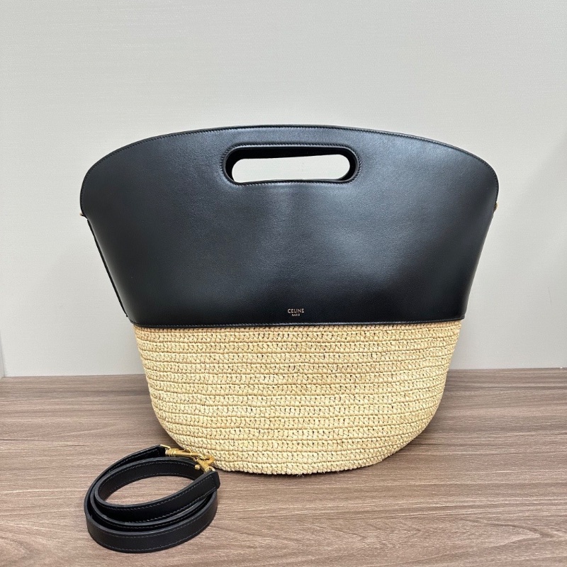 CELINE 黑金草編拼皮手提肩背斜背菜籃子包25*31*26 98新配件塵袋-1