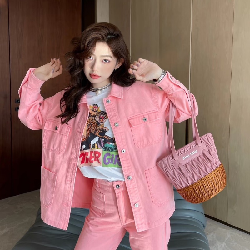 MIUMIU經典羊皮竹編底粉色手提腋下菜籃子包26*22*16 98新配件塵袋-0