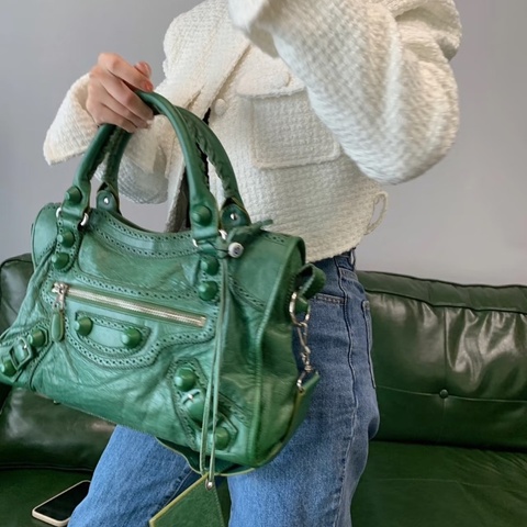 BALENCIAGA 蕾絲綠銀 大號手提機車包38*25*14 98新配件鏡子塵袋