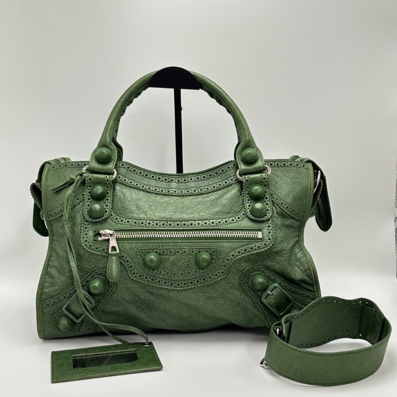 BALENCIAGA 蕾絲綠銀 大號手提機車包38*25*14 98新配件鏡子塵袋-1
