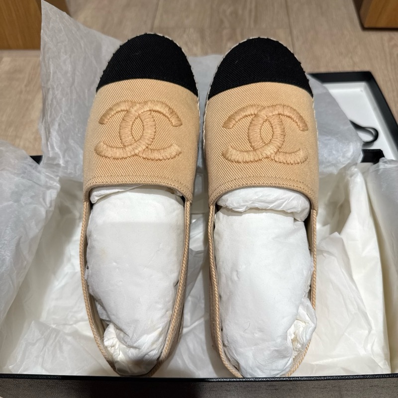 Chanel 膚色布面草編鞋37號-0