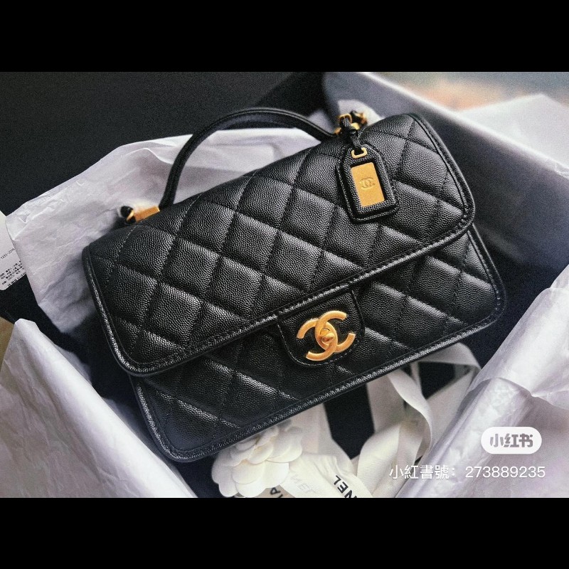 Chanel 22K 真品荔枝皮軍牌手柄郵差包豆腐包學院包-0