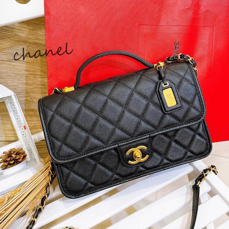 Chanel 22K 真品荔枝皮軍牌手柄郵差包豆腐包學院包-2