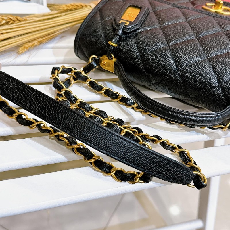 Chanel 22K 真品荔枝皮軍牌手柄郵差包豆腐包學院包-4