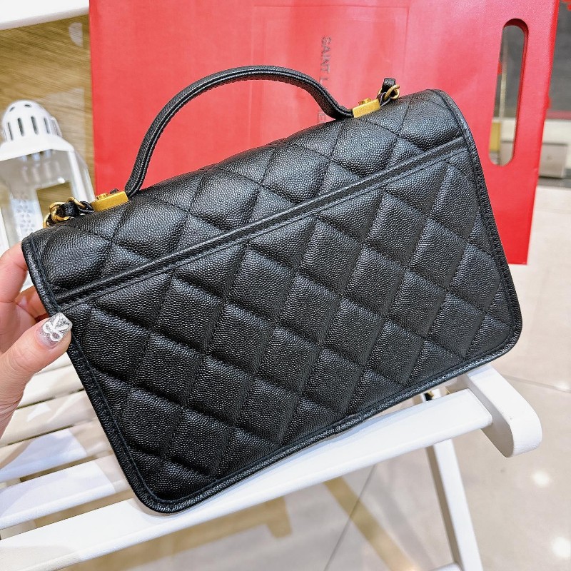 Chanel 22K 真品荔枝皮軍牌手柄郵差包豆腐包學院包-14