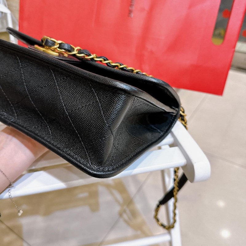 Chanel 22K 真品荔枝皮軍牌手柄郵差包豆腐包學院包-20