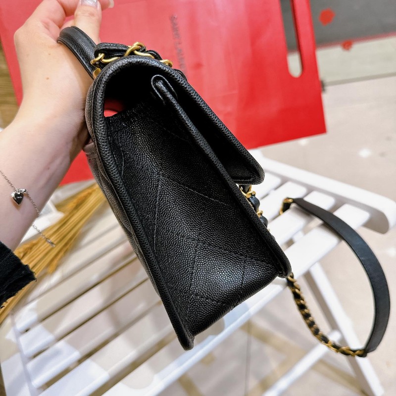 Chanel 22K 真品荔枝皮軍牌手柄郵差包豆腐包學院包-29