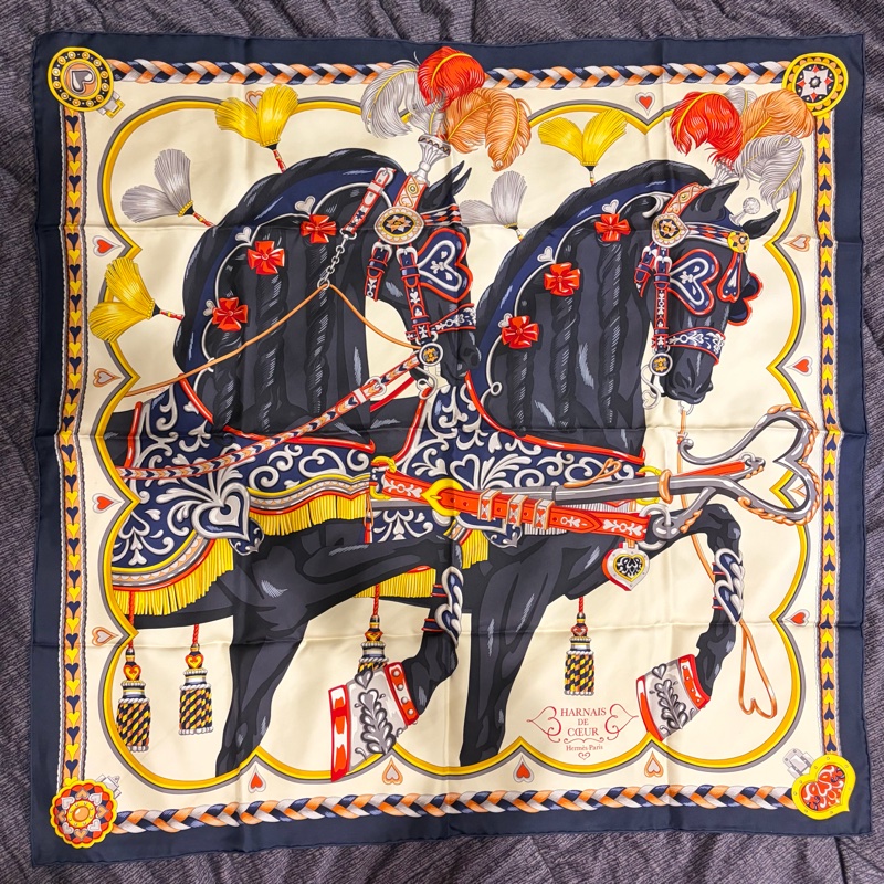 Hermes 心型馬具 HARNAIS DE COEUR 圍巾 90*90絲巾-8