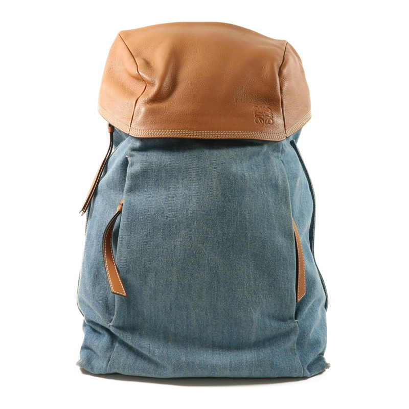 LOEWE 牛仔布/牛皮皮革Rucksack銀扣背包-0