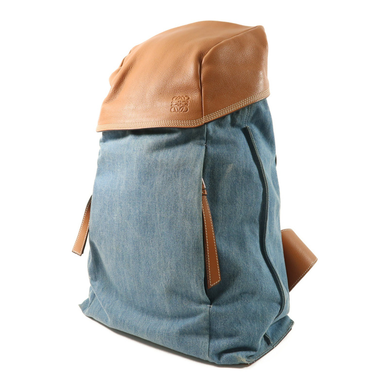 LOEWE 牛仔布/牛皮皮革Rucksack銀扣背包-2
