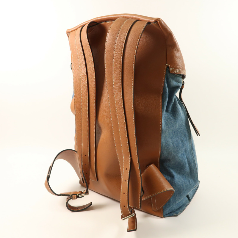 LOEWE 牛仔布/牛皮皮革Rucksack銀扣背包-7