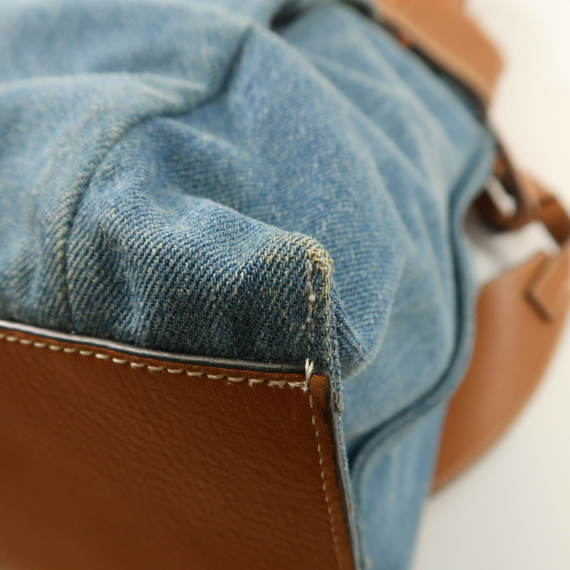 LOEWE 牛仔布/牛皮皮革Rucksack銀扣背包-8