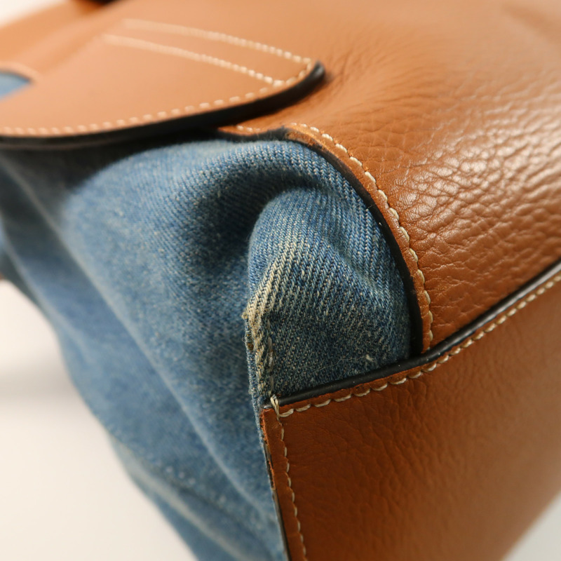 LOEWE 牛仔布/牛皮皮革Rucksack銀扣背包-11