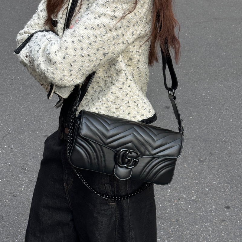 【超級新|全配🎁】 GUCCI “so black” 全黑黑武士 法棍雙背帶 肩背包(專櫃13萬多)-0