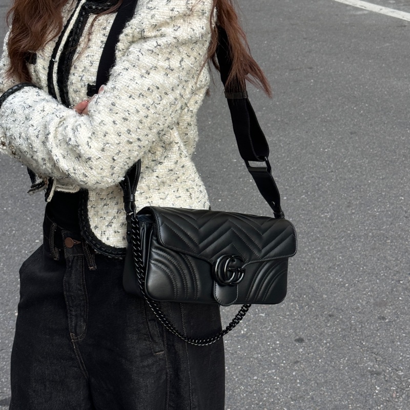 【超級新|全配🎁】 GUCCI “so black” 全黑黑武士 法棍雙背帶 肩背包(專櫃13萬多)-2