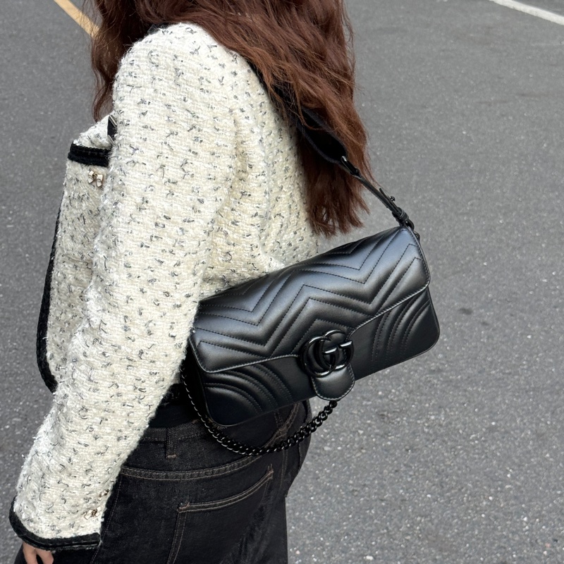 【超級新|全配🎁】 GUCCI “so black” 全黑黑武士 法棍雙背帶 肩背包(專櫃13萬多)-3