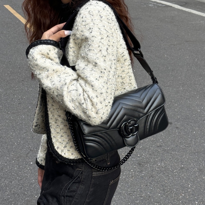 【超級新|全配🎁】 GUCCI “so black” 全黑黑武士 法棍雙背帶 肩背包(專櫃13萬多)-5