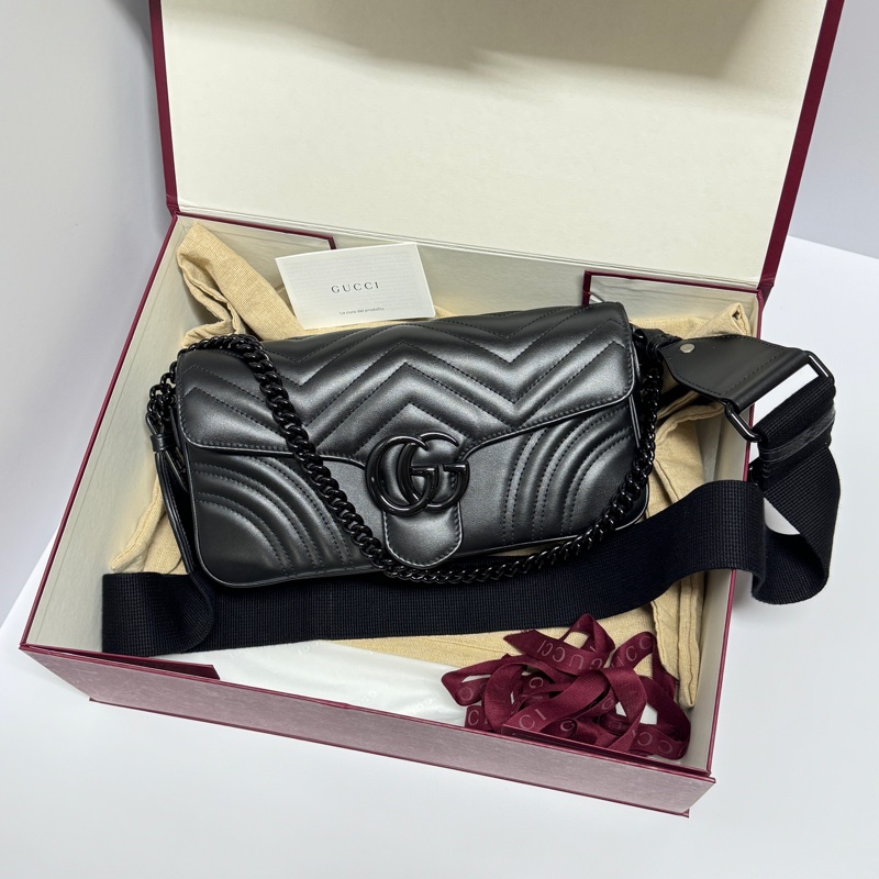 【超級新|全配🎁】 GUCCI “so black” 全黑黑武士 法棍雙背帶 肩背包(專櫃13萬多)-7