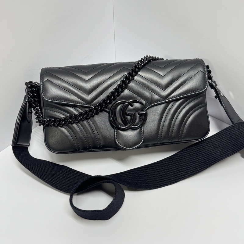 【超級新|全配🎁】 GUCCI “so black” 全黑黑武士 法棍雙背帶 肩背包(專櫃13萬多)-10