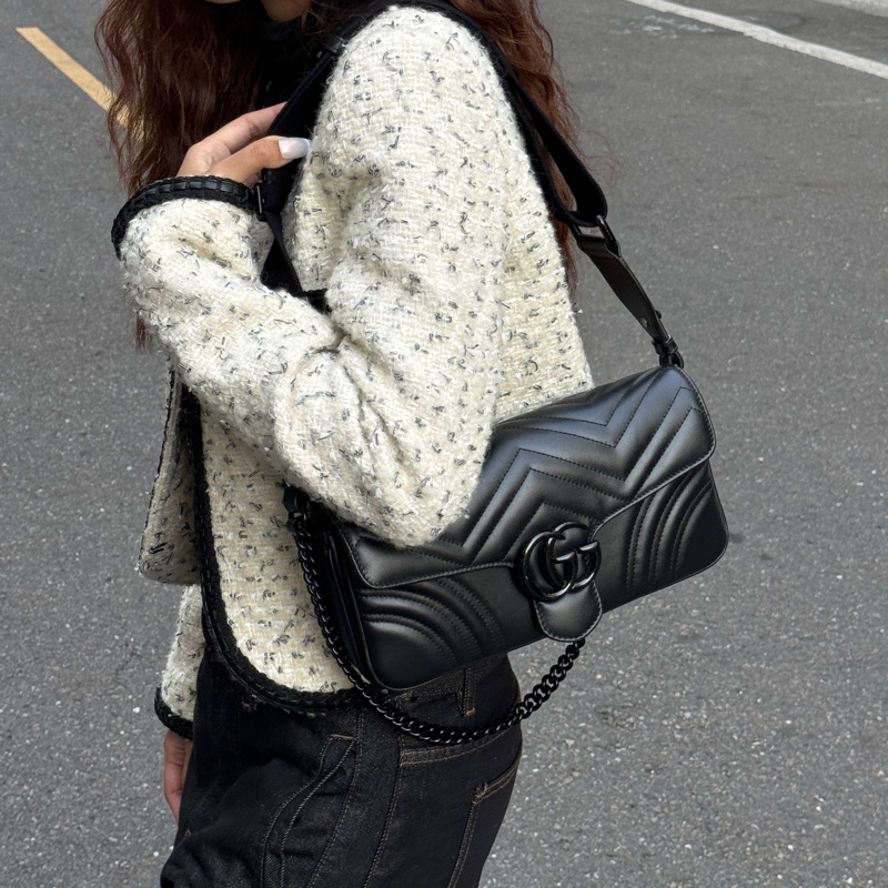 【超級新|全配🎁】 GUCCI “so black” 全黑黑武士 法棍雙背帶 肩背包(專櫃13萬多)-24