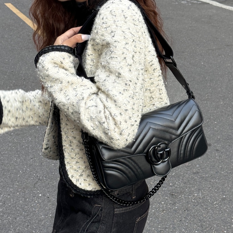 【超級新|全配🎁】 GUCCI “so black” 全黑黑武士 法棍雙背帶 肩背包(專櫃13萬多)-25