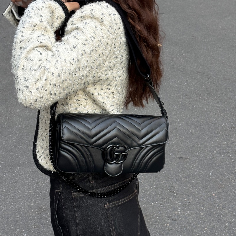 【超級新|全配🎁】 GUCCI “so black” 全黑黑武士 法棍雙背帶 肩背包(專櫃13萬多)-26