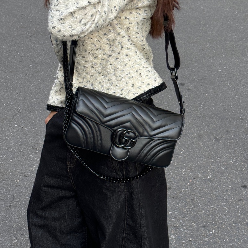 【超級新|全配🎁】 GUCCI “so black” 全黑黑武士 法棍雙背帶 肩背包(專櫃13萬多)-27