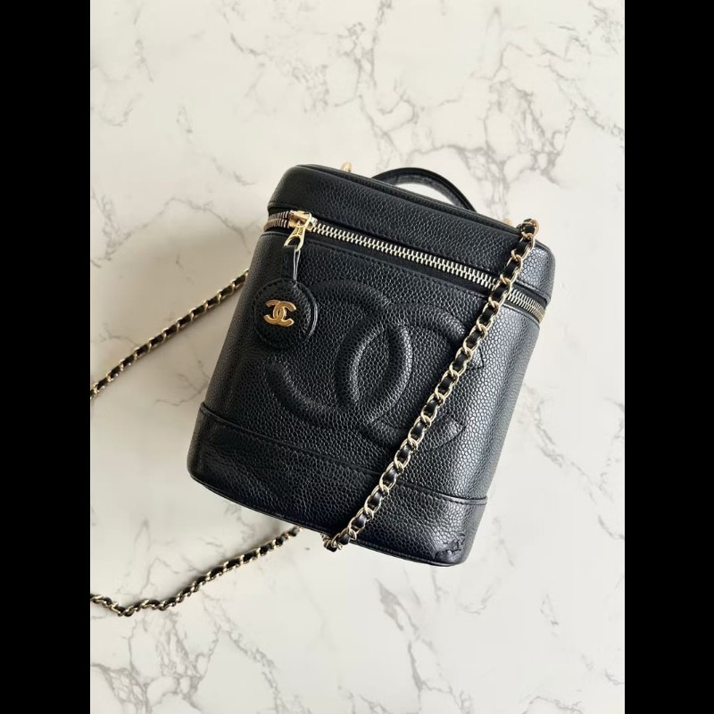 絕版古董包 Chanel黑色魚子醬化妝盒子包 斜背包 側背包 單肩包-0