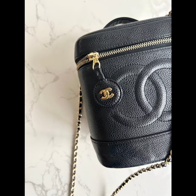 絕版古董包 Chanel黑色魚子醬化妝盒子包 斜背包 側背包 單肩包-2