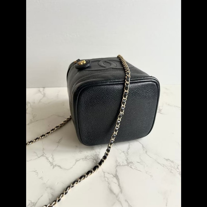 絕版古董包 Chanel黑色魚子醬化妝盒子包 斜背包 側背包 單肩包-4