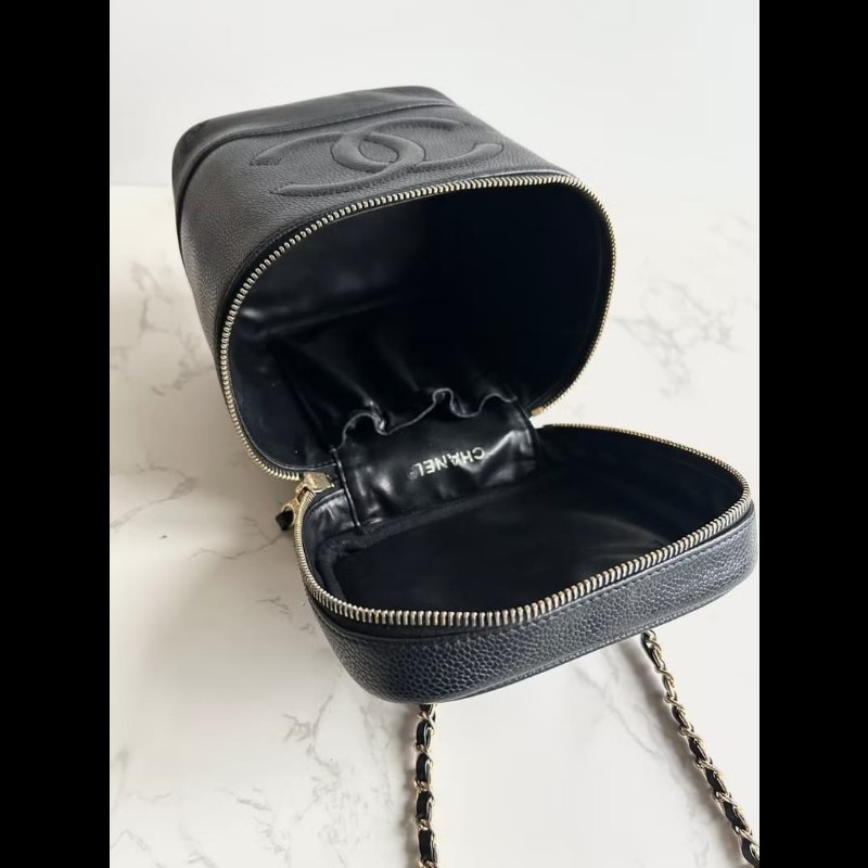 絕版古董包 Chanel黑色魚子醬化妝盒子包 斜背包 側背包 單肩包-7