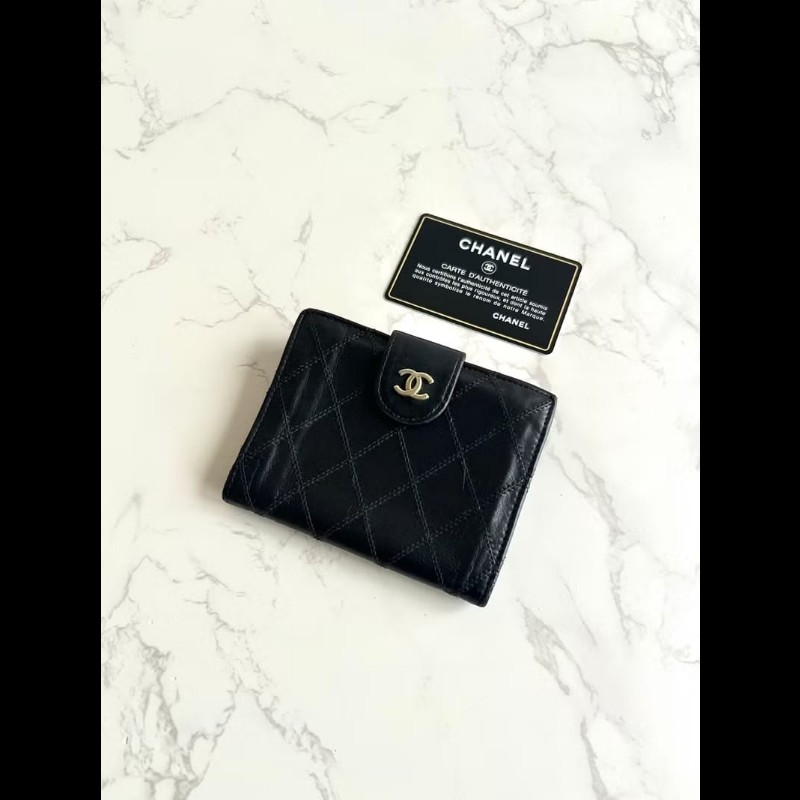 【LA LUNE】中古Chanel黑金色羊皮皮革中夾 皮夾 錢包 短夾 二手包 小包 古董-0