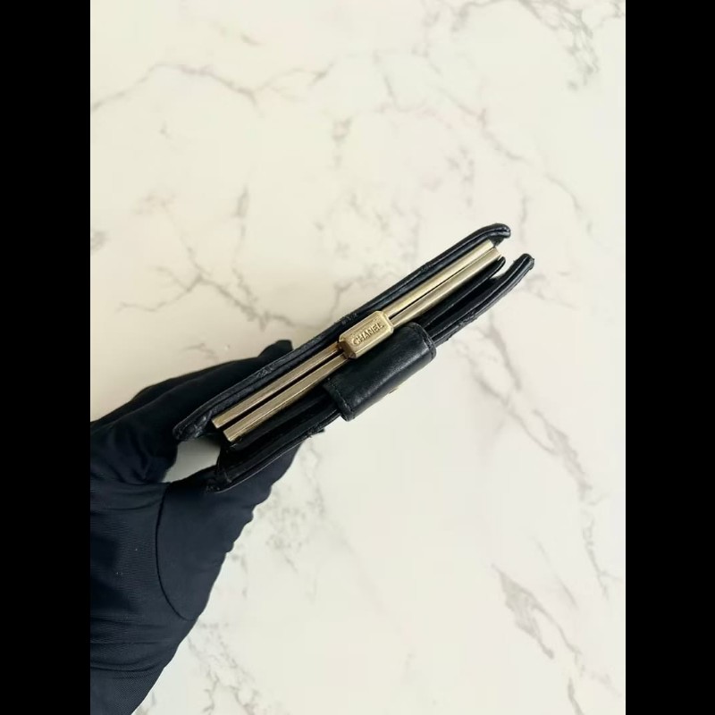 【LA LUNE】中古Chanel黑金色羊皮皮革中夾 皮夾 錢包 短夾 二手包 小包 古董-1