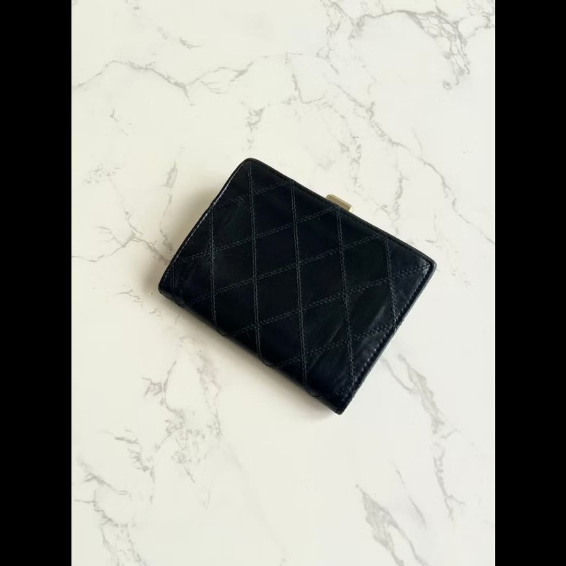 【LA LUNE】中古Chanel黑金色羊皮皮革中夾 皮夾 錢包 短夾 二手包 小包 古董-3