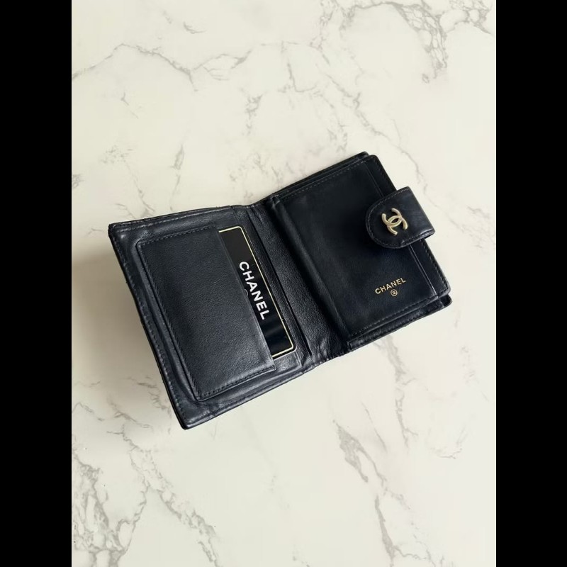 【LA LUNE】中古Chanel黑金色羊皮皮革中夾 皮夾 錢包 短夾 二手包 小包 古董-4