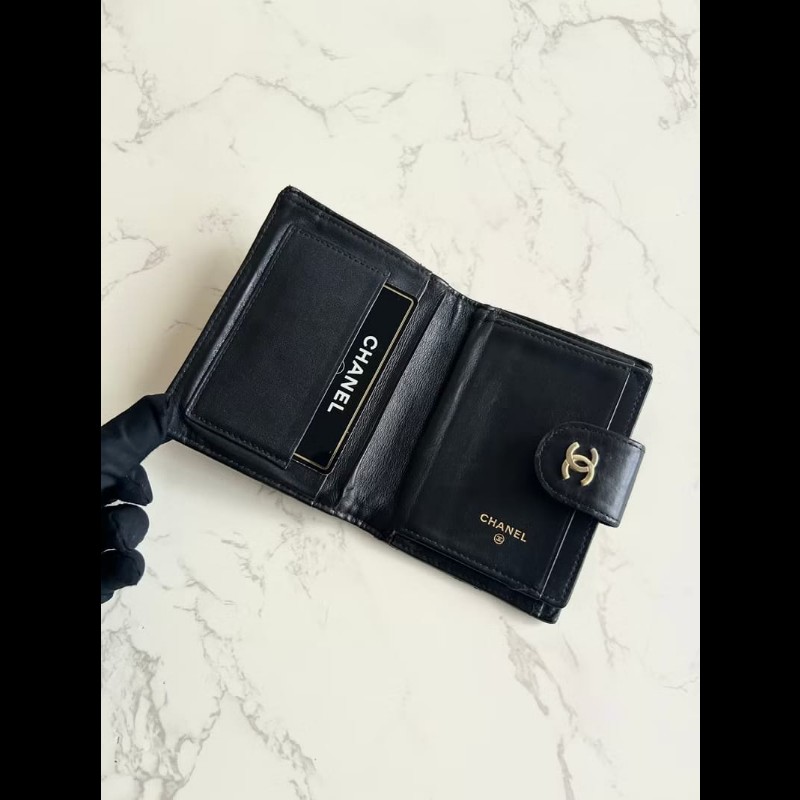 【LA LUNE】中古Chanel黑金色羊皮皮革中夾 皮夾 錢包 短夾 二手包 小包 古董-5