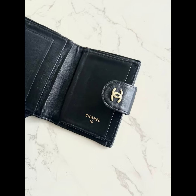 【LA LUNE】中古Chanel黑金色羊皮皮革中夾 皮夾 錢包 短夾 二手包 小包 古董-6