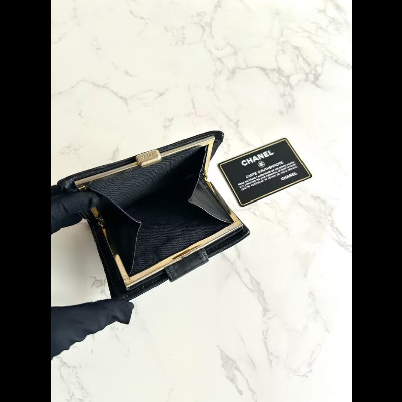 【LA LUNE】中古Chanel黑金色羊皮皮革中夾 皮夾 錢包 短夾 二手包 小包 古董-7