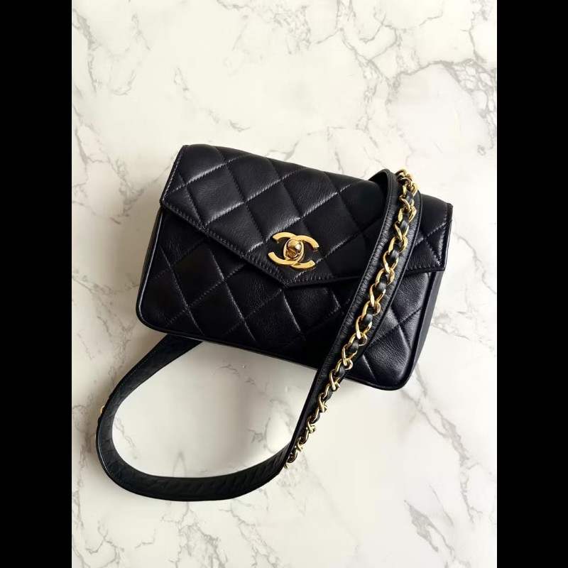 【LA LUNE】中古二手包 Chanel黑色金扣單肩包 腰帶包 古董包 側背包 小包-0