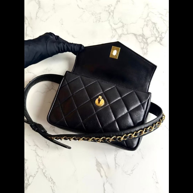 【LA LUNE】中古二手包 Chanel黑色金扣單肩包 腰帶包 古董包 側背包 小包-4