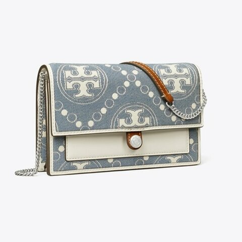 【TORY BURCH】WOC縫線拼接斜背-牛仔藍