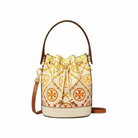 【TORY BURCH】雙T標誌水桶包-白底黃