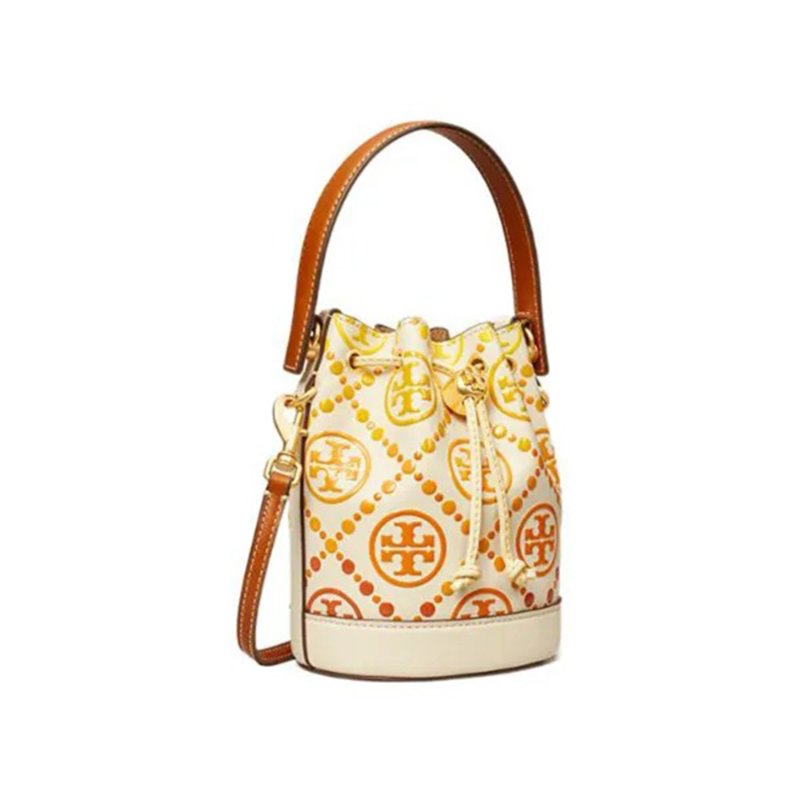 【TORY BURCH】雙T標誌水桶包-白底黃-4
