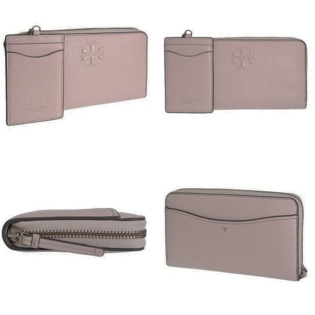 【TORY BURCH】浮雕LOGOㄇ型拉鍊長夾附鍊條證件夾-紫藕灰-1
