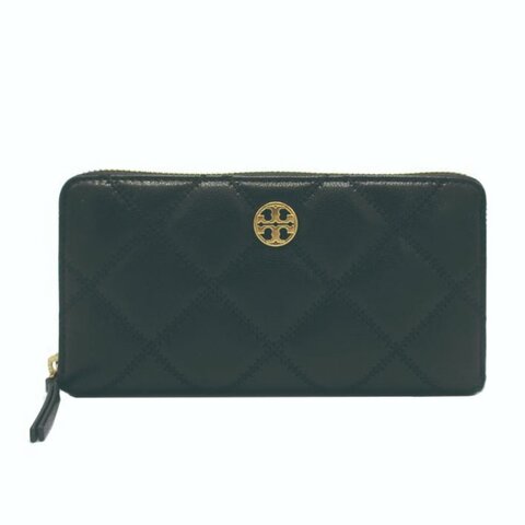 【TORY BURCH】羊皮皮革菱格紋質感拉鍊長夾-黑