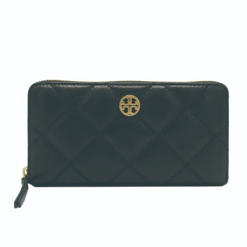 【TORY BURCH】羊皮皮革菱格紋質感拉鍊長夾-黑-0