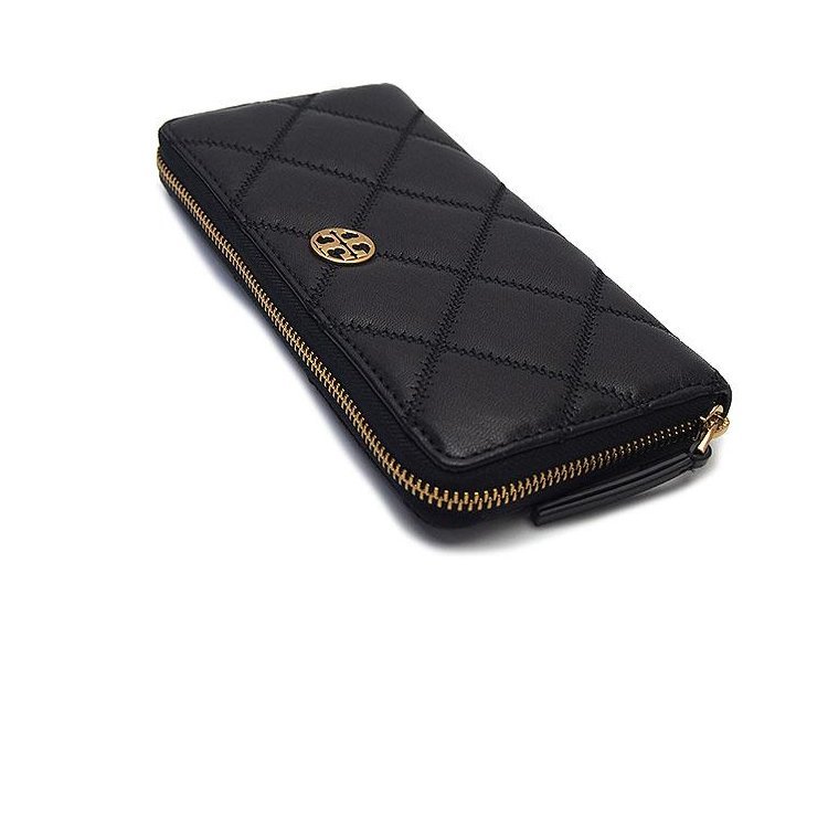 【TORY BURCH】羊皮皮革菱格紋質感拉鍊長夾-黑-2