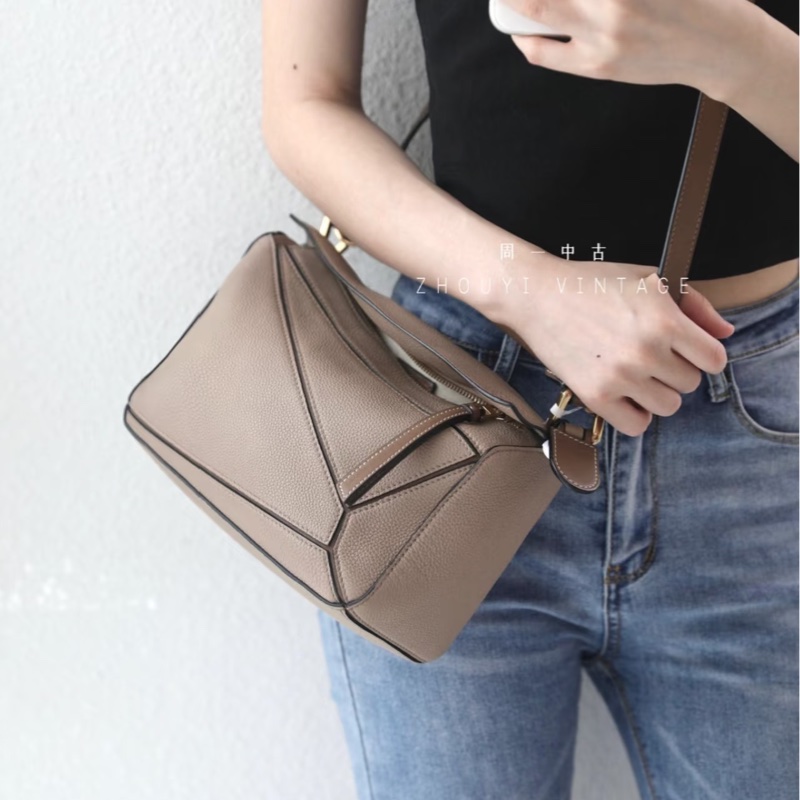 絕版羅意威幾何包LOEWE沙色拼棕牛皮Puzzle小號手提側背包-1